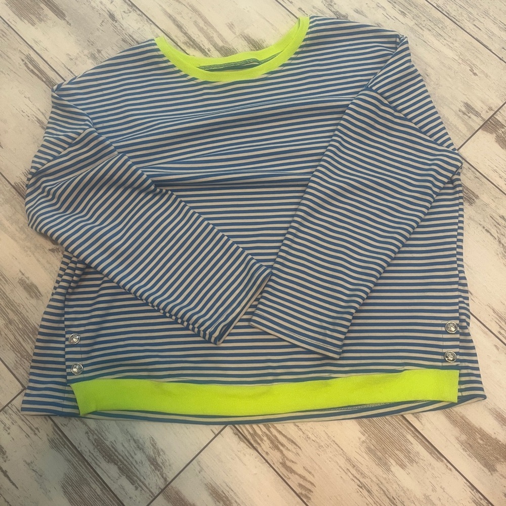 NWOT Oversized Blue & White Striped Sweater – XL – Neon Trim & Silver Button - Picture 14 of 16